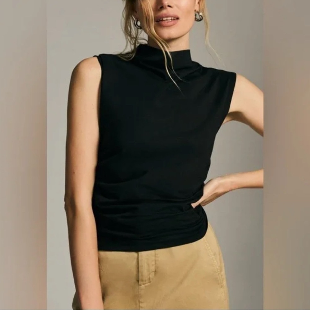 Maeve By Anthropologie Mock-Neck Shell Top Black Ruched Sleeveless Top